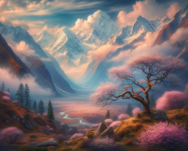Majestic Mountains and Cherry Blossoms in Pastels