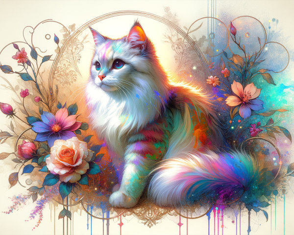 Vibrant Artistic Depiction of a Colorful Fluffy Cat