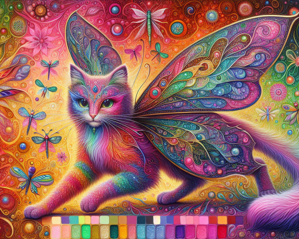 Vibrant Cat with Butterfly Wings in Dreamlike Scene