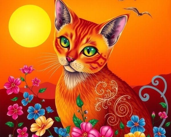 Sunset Scene with Orange Cat and Colorful Flowers
