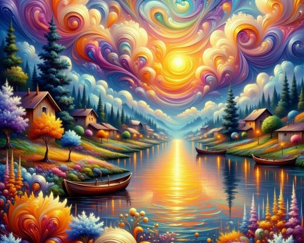 Vibrant Landscape with River and Colorful Sunset Sky