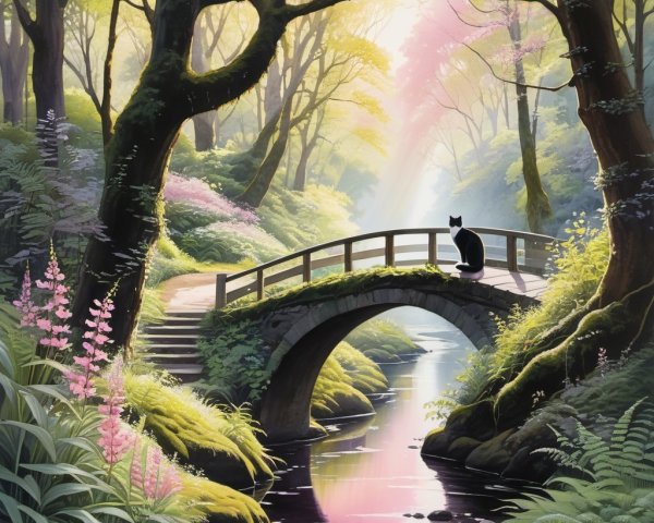 Serene Forest Scene with Waterway and Stone Bridge