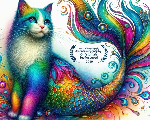 Colorful Cat with Mermaid Tail in Rainbow Swirls