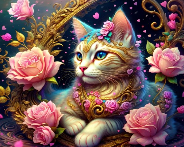 Golden-furred cat in floral frame with roses and hearts