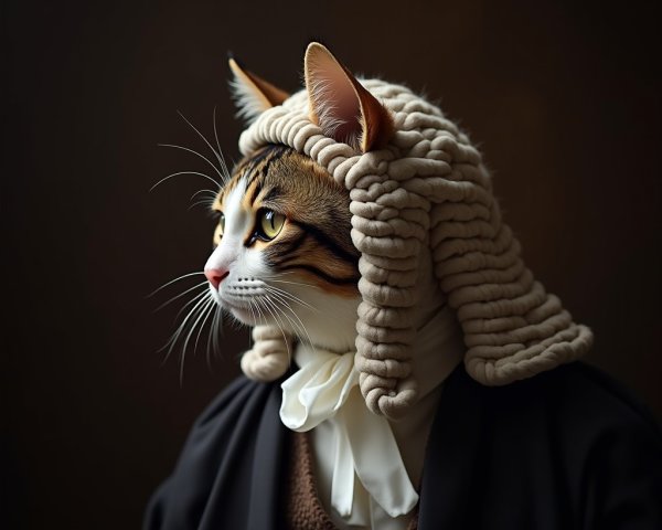Cat in Judge's Wig and Robe with Elegant Expression