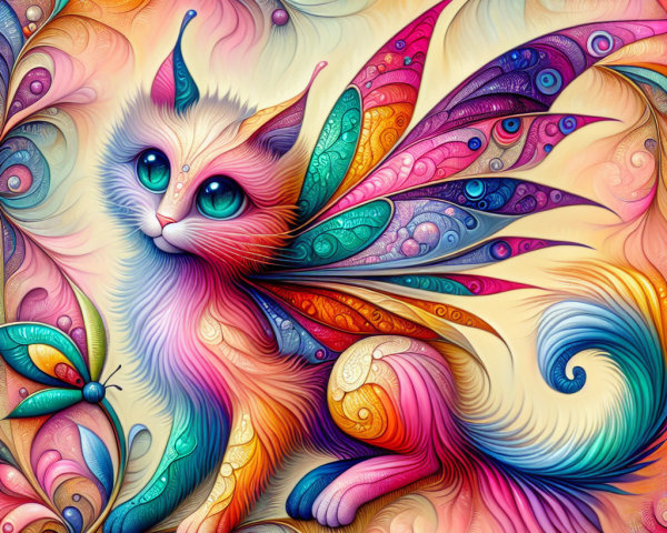 Colorful Cat Illustration with Vibrant Wings and Florals