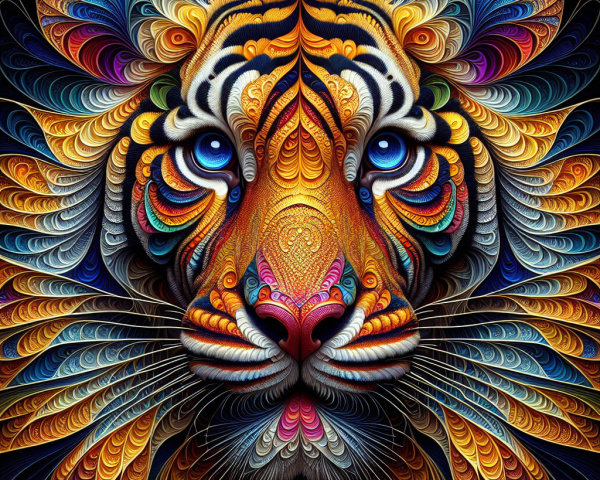 Vibrant Artwork of a Tiger's Face with Intricate Patterns