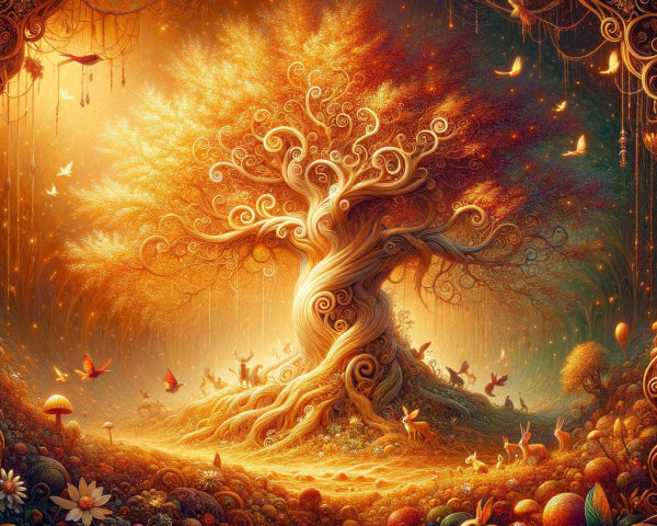 Fantastical Tree Surrounded by Vibrant Flora and Fauna