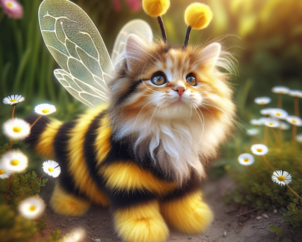 Whimsical striped kitten with wings in a garden setting
