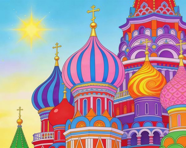 Colorful Cartoon Illustration of Russian Church Domes