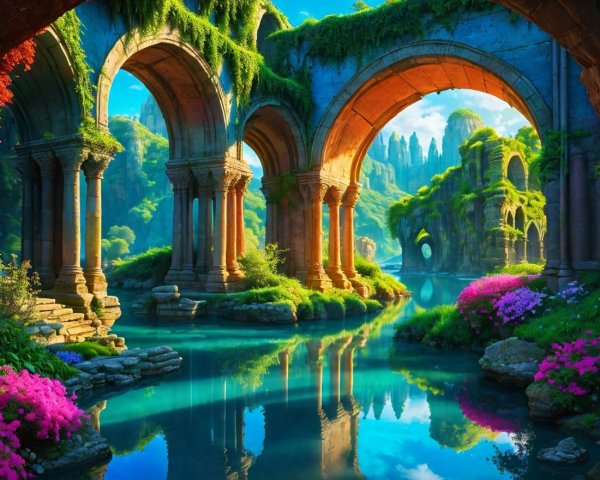 Majestic Arches and Serene Water Landscape Description