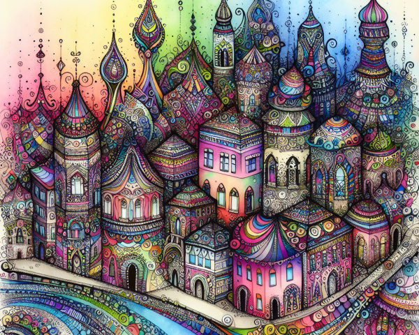 Vibrant Whimsical Cityscape with Colorful Architecture