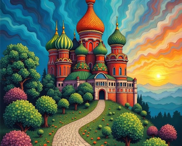 Ornate building with colorful domes at sunset