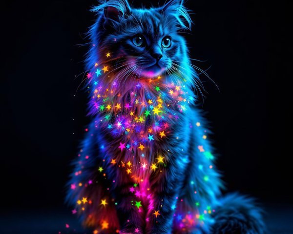 Fluffy Black Cat with Glowing Turquoise Fur and Stars