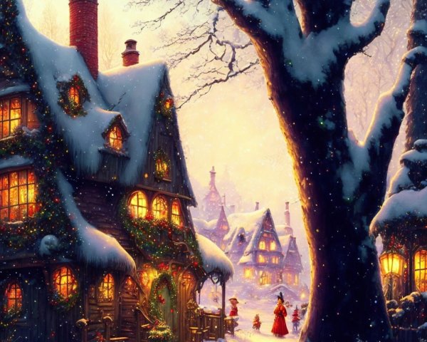 Charming Winter Scene with Snow-Covered Cottages