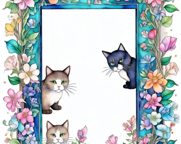 Whimsical Floral Border with Playful Cats Design