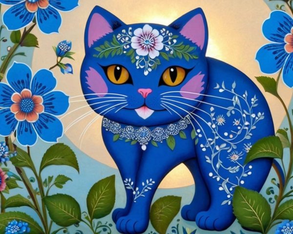 Whimsical Blue Cat with Floral Background and Patterns