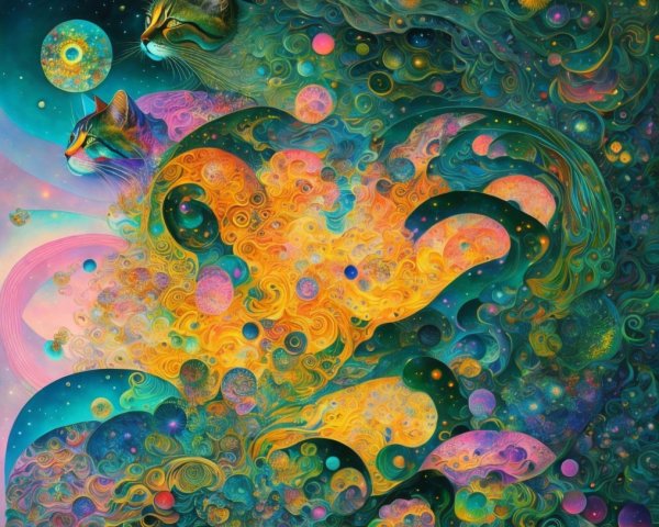 Cosmic Tapestry with Feline Faces in Galaxy Colors