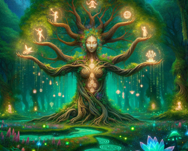 Majestic Tree with Humanoid Face in Vibrant Forest