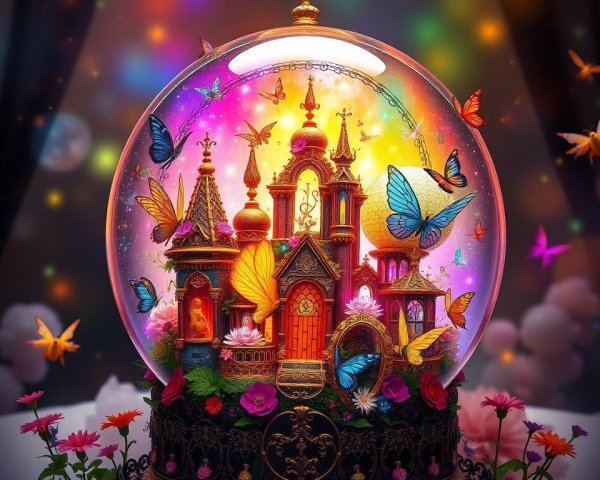 Whimsical Snow Globe Featuring Vibrant Fantasy Castle