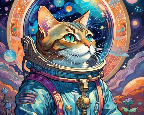Cat in Astronaut Suit Against Cosmic Backdrop