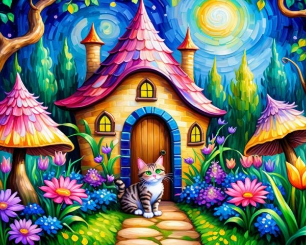 Whimsical Cottage with Vibrant Garden and Cat