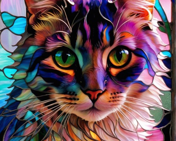 Colorful Stained Glass Cat Face with Vibrant Hues