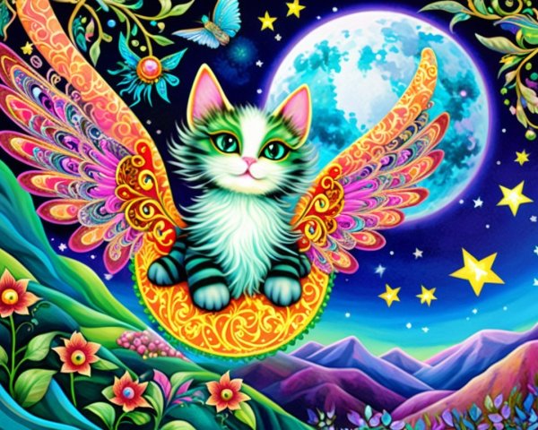 Whimsical Winged Cat in Starry Night Painting