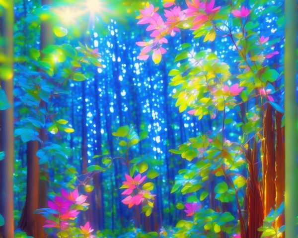 Vibrant Forest Scene with Colorful Light and Foliage