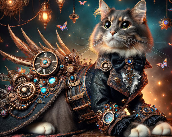 Majestic Cat in Steampunk Attire with Whimsical Background
