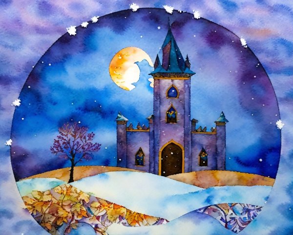 Whimsical Watercolor Fantasy Castle at Twilight