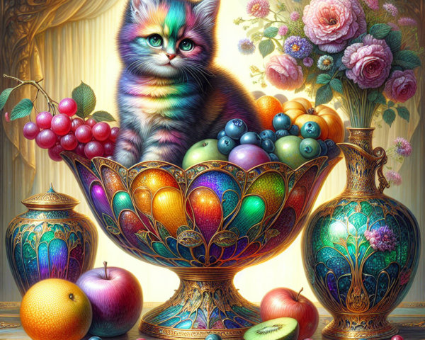 Rainbow-colored kitten in ornate fruit bowl scene