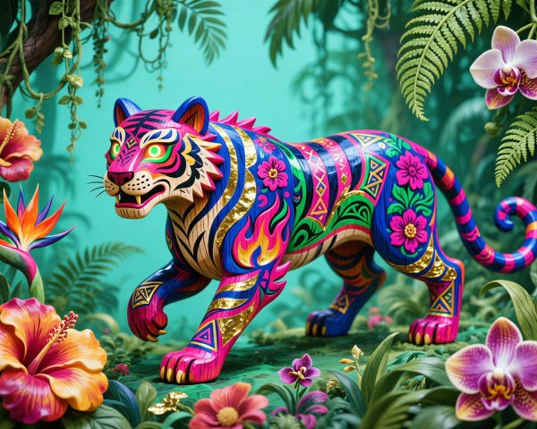 Brightly Painted Wooden Tiger Sculpture in Jungle Setting