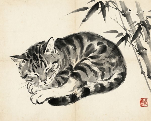 Sumi-e Ink Wash Painting of a Sleeping Tabby Cat