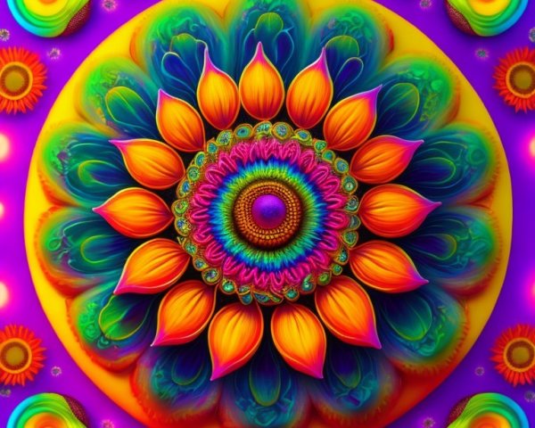 Vibrant Kaleidoscopic Mandala Design with Floral Motifs