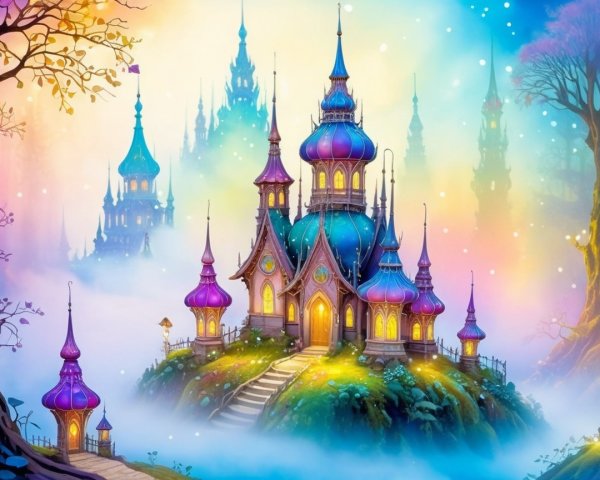 Whimsical Castle on a Misty Hill with Colorful Domes