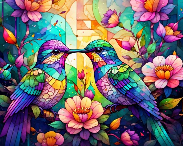 Vivid Hummingbirds in a Colorful Floral Scene