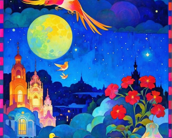 Vibrant Nighttime Scene with Glowing Moon and Birds