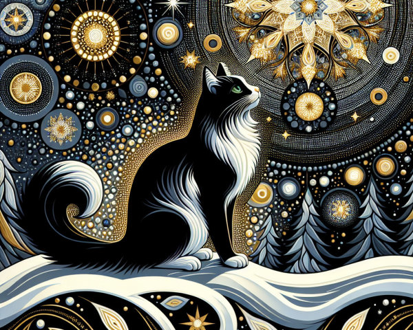 Black and white cat on snowy landscape with cosmic backdrop