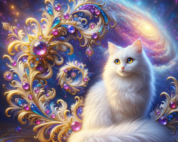 Majestic White Cat Against Cosmic Galaxy Backdrop