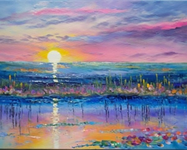 Vibrant Sunset Over Ocean with Colorful Foreground Elements