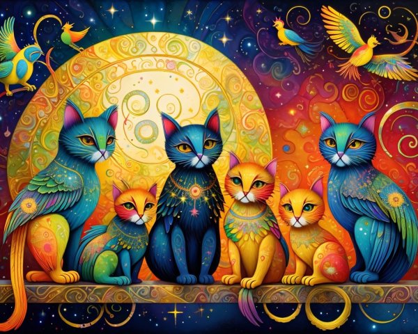 Whimsical Scene of Colorful Cats Under a Moonlit Sky