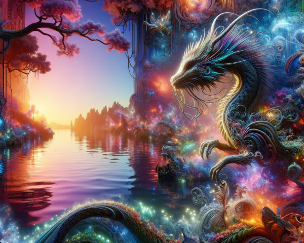 Mystical dragon on a colorful rocky outcrop scene