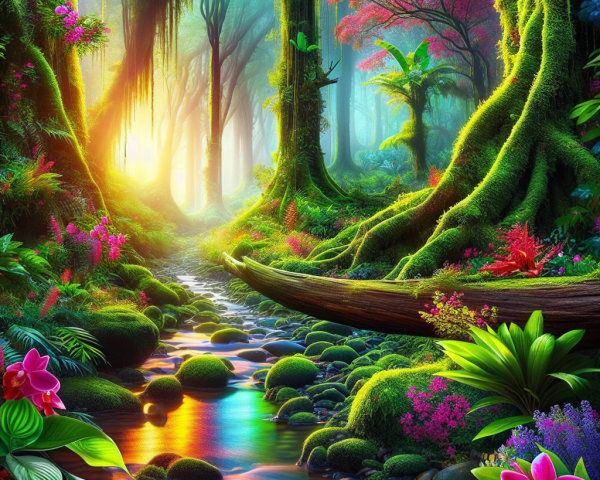 Enchanted Forest with Lush Trees and Serene Stream
