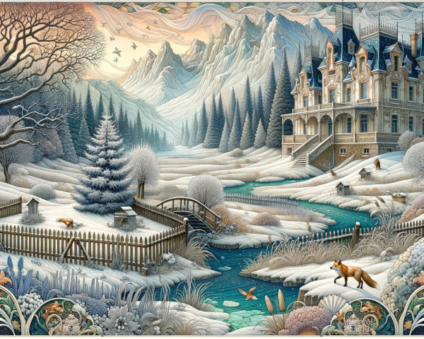 Winter Landscape with Mansion and Tranquil River