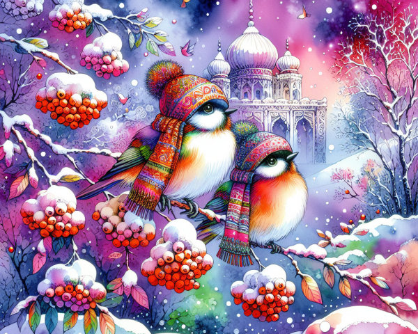 Colorful Birds in Winter Wonderland with Palace Backdrop
