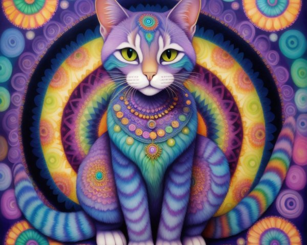Psychedelic Cat in Colorful Mandala Background