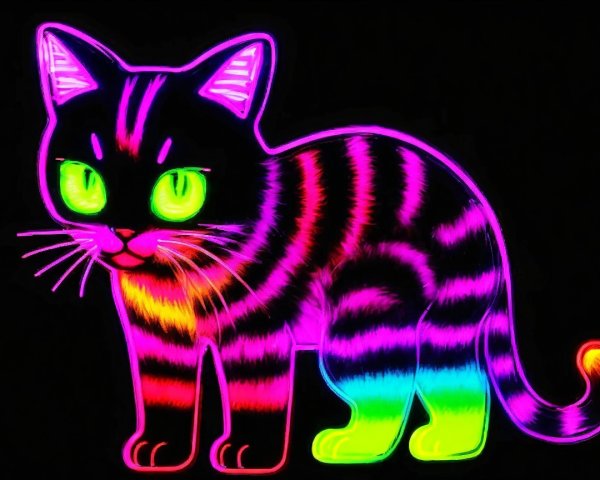 Vibrant Neon Cat with Stripes on Black Background