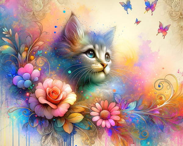 Whimsical Cat Illustration with Flowers and Butterflies