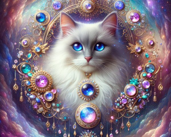 Majestic White Cat in Cosmic Galaxy Setting